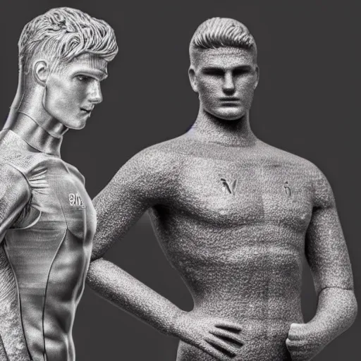 Image similar to a realistic detailed photo of a guy who is an attractive humanoid who is half robot and half humanoid, who is a male android, soccer player timo werner, shiny skin, posing like a statue, blank stare, by the pool, on display, showing off his muscles, humanoid robot, frozen ice statue, made of ice