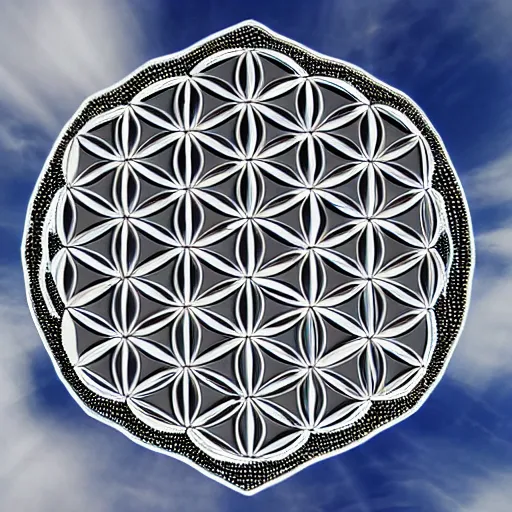 Prompt: wide angle photograph, flower of life sacred geometry covering the sky above a modern city, 4 k