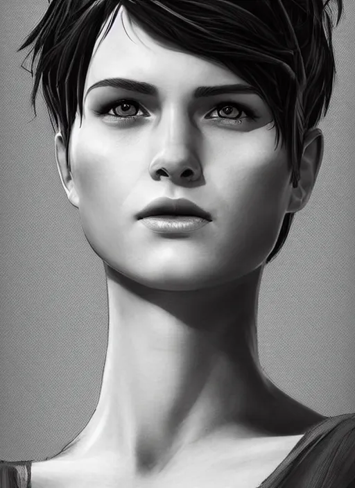 Image similar to up close portrait of a beautiful woman in black and white, photorealistic, pixie cut, intricate hair, rule of thirds, art by diego fazio and diegoKoi and oscar Ukono, concept art, sharp focus, artgerm, 8k highly detailed