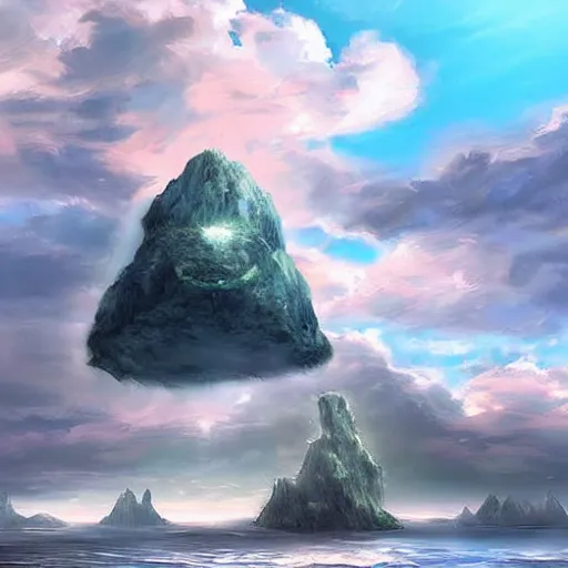 Image similar to a flying island in the sky, clouds background, a giant rock in the sky, epic fantasy style art, fantasy epic digital art