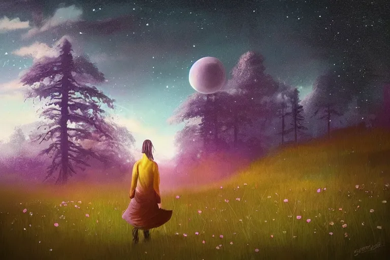 Image similar to giant daisy flower over head, girl walking in forest, surreal photography, dark night, stars, moon light, impressionist painting, clouds, digital painting, artstation, simon stalenhag