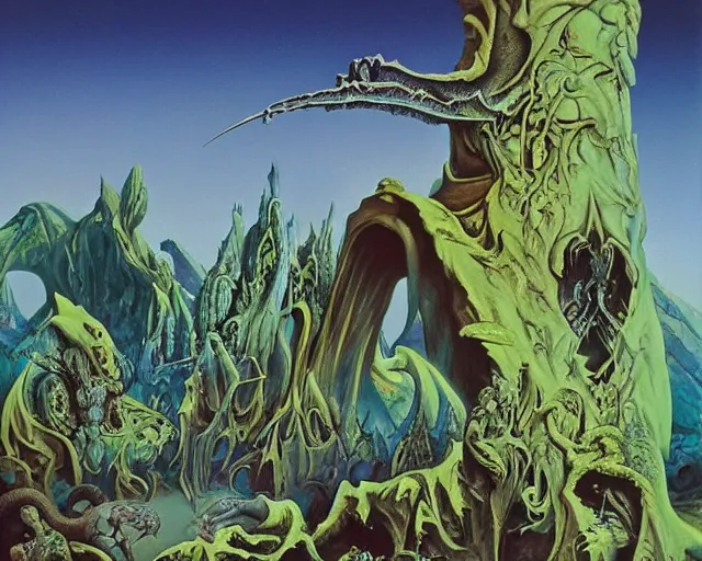 Prompt: roger dean 1 9 8 0 s heavy metal imagery satanic symbolism, illustration art, album art