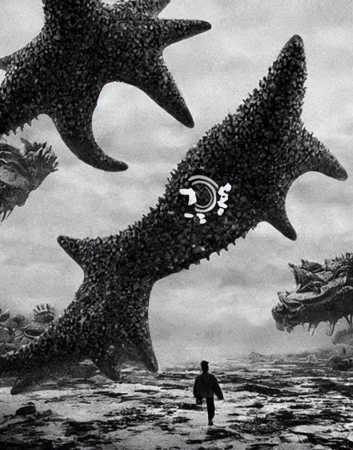 Image similar to a filmstill of a north korean monster movie, kaiju - eiga monster starfish - like trampling a traditional korean palace, foggy, film noir, video compression