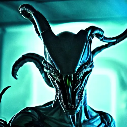 Prompt: a xenomorph looking menacingly at the camera, dramatic blue lighting