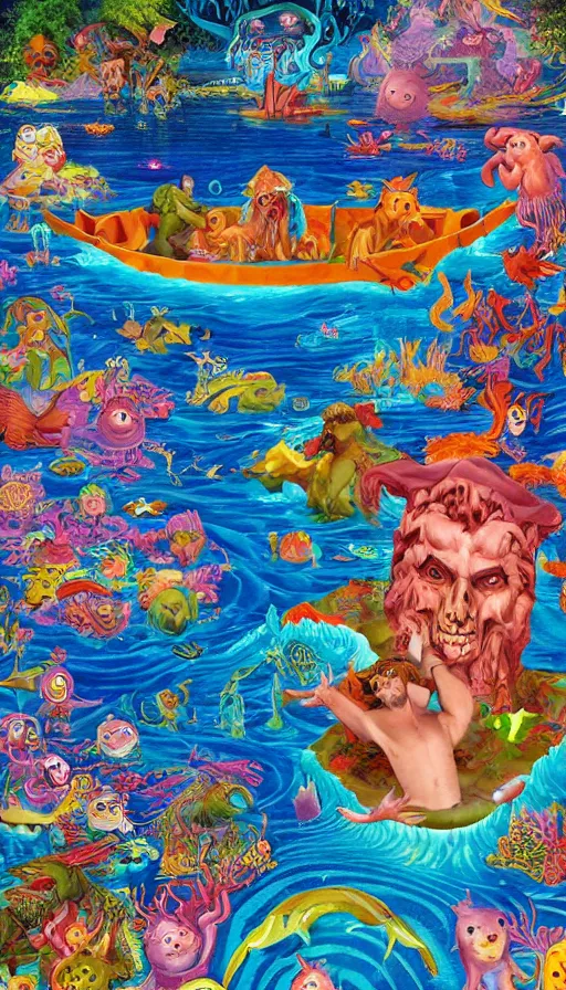 Image similar to man on boat crossing a body of water in hell with creatures in the water, sea of souls, by lisa frank,