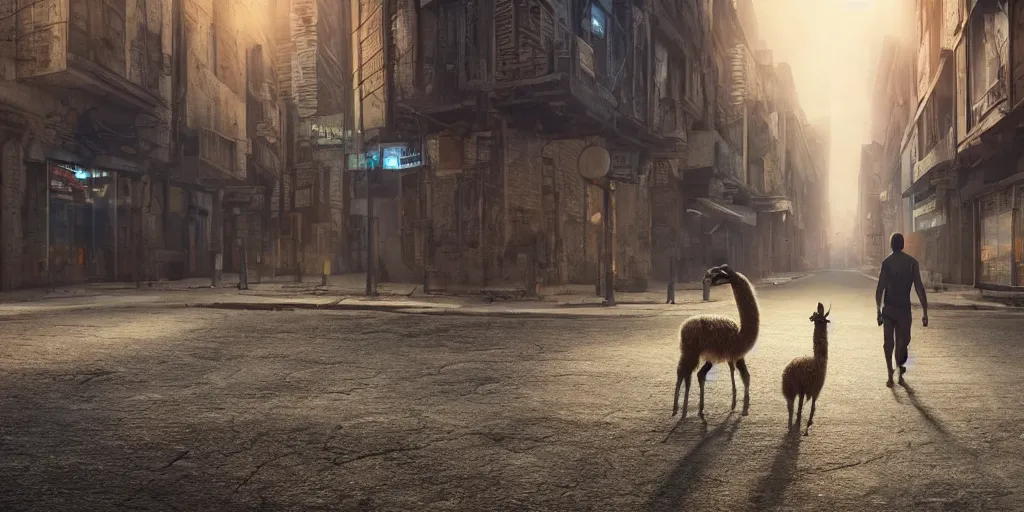 Image similar to a llama walking through a desolate city street at night, realistic 4 k octane beautifully detailed render, 4 k post - processing, highly detailed, intricate complexity, epic composition, magical atmosphere, cinematic lighting, masterpiece, ultra hd