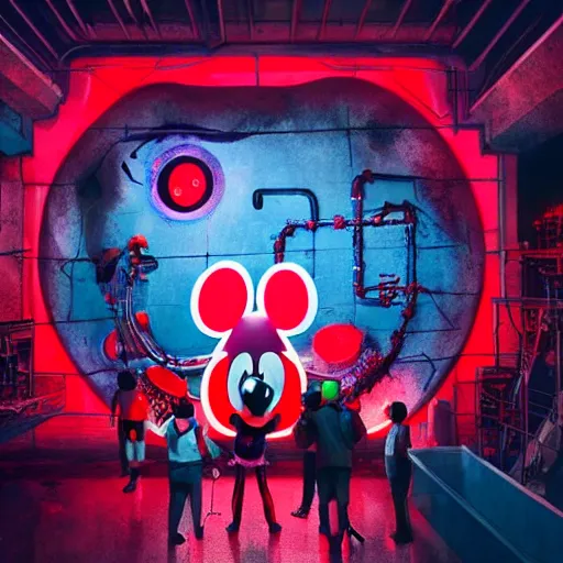 Image similar to a group of people around a giant giant mickey mouse head with blood, netflix logo, cyberpunk art by david lachapelle, cgsociety, dystopian art by industrial light and magic, concept art, neons, interior