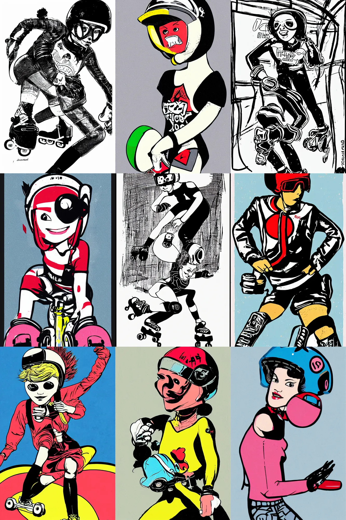 Prompt: portrait of roller derby girl, skating, wearing helmet, illustration by Jamie Hewlett