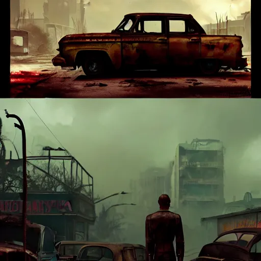 Prompt: fallout 4 : miami, ruined city environment, rusted vintage cars and trucks mysterious atmospheric lighting, matte painting, intricate, iridescent, volumetric lighting, beautiful, rich deep colours masterpiece, fog golden hour, golden ratio, sharp focus, ultra detailed, by leesha hannigan, ross tran, thierry doizon, kai carpenter, ignacio fernandez rios