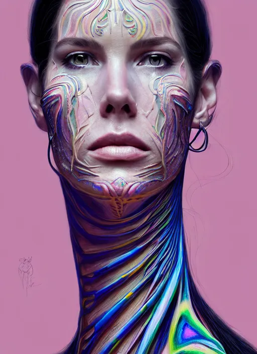 Image similar to portrait of catriona balfe as a long - neck woman with neck rings, hyper detailed ultra sharp trending on artstation, warpaint aesthetic, colorful, psychedelic, ornate, intricate, digital painting, concept art, smooth, sharp focus, illustration, art by artgerm and greg rutkowski and h. r. giger, 8 k