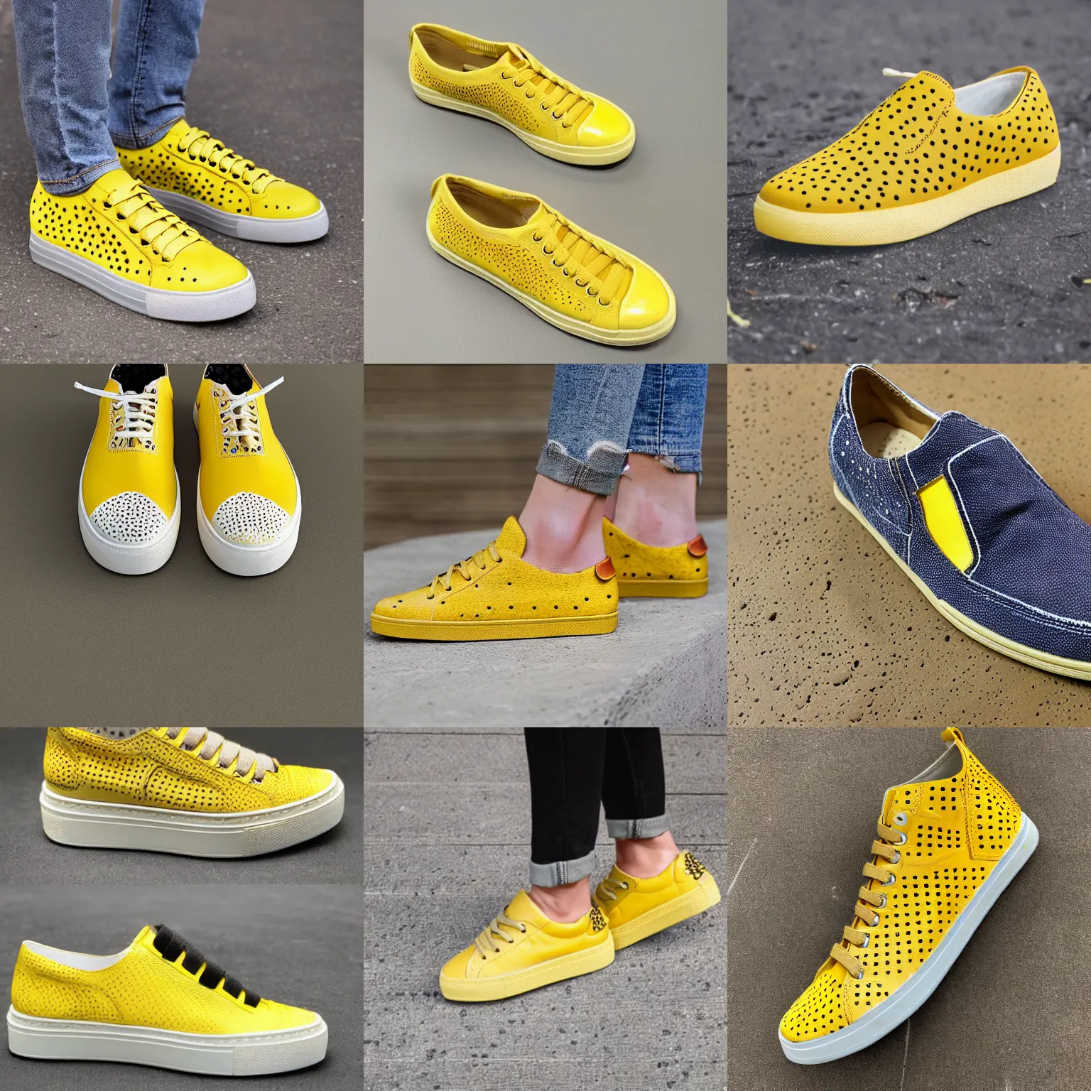 Prompt: yellow sneaker shoe full of holes that is made from Swiss cheese