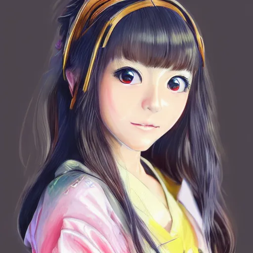 Image similar to dynamic composition, motion, ultra-detailed, incredibly detailed, a lot of details, amazing fine details and brush strokes, gentle palette, smooth, HD semirealistic anime CG concept art digital painting, watercolor oil painting of a young J-Pop idol schoolgirl, by a Japanese artist at ArtStation. Realistic artwork of a Japanese videogame, soft and harmonic colors.