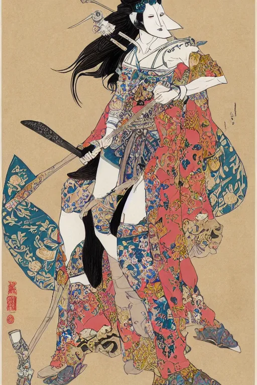 Prompt: full - bodied portrait, female changeling in floral - patterned eastern light armor, wielding a decorated halberd, barefoot in sandals, noh theatre mask, mischievous, capricious, energetic, provocative, seductive, realistic proportions, reasonable fantasy art, many colors, detailed, in the style of dnd illustrations.