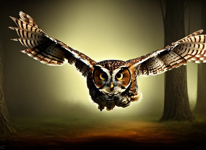 Image similar to an extremely detailed masterpiece photo of a western screech - owl in flight mon in background, in the style of brian froud, brian despain, brian bolland, digital art, unreal engine, volumetric lighting, dark moody lighting, trending on artstation, photorealistic, epic scene