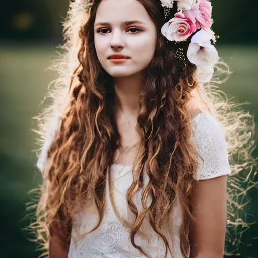 Image similar to a portrait of a young girl with wavey long hair, there is a bird on her head, there's flowers everywhere, very beautiful ambient light with sun rays hitting her hair, 8k photography, wedding photography