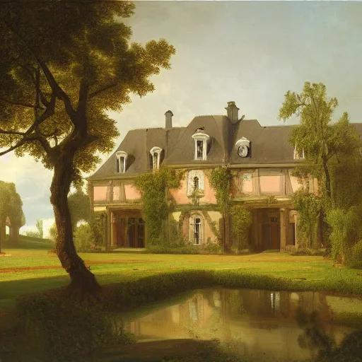 Prompt: a large serene beautiful matte painting of a delapitaded quaint french country mansion covered in a state of disrepair in vines, by asher brown durand and george ault featured on artstation