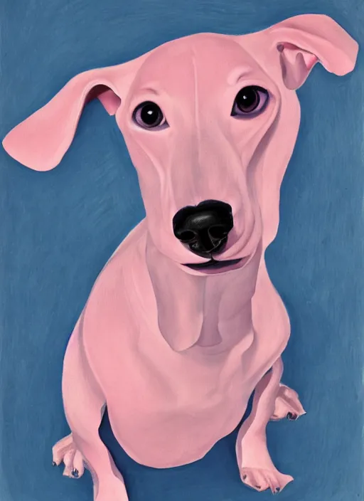 Prompt: Pink and Blue dachshund, painted by Georgia O'Keeffe, very detailed, with folds, 8k