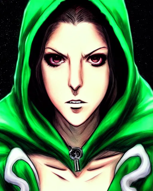 Image similar to artgerm, eiichiro oda, pixiv, concept art, digital painting, cinematics lighting, beautiful Anna Kendrick supervillain Enchantress, green dress with a black hood, angry, symmetrical face, Symmetrical eyes, full body, flying in the air over city, night time, red mood in background