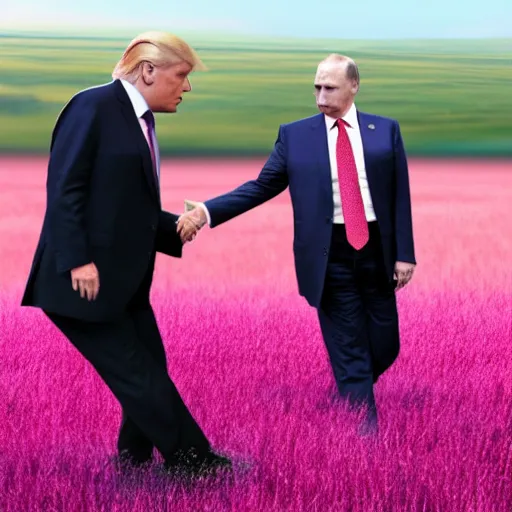 Prompt: trump dancing with putin in a field of pink grass, hyper realistic, lifelike, matte painting