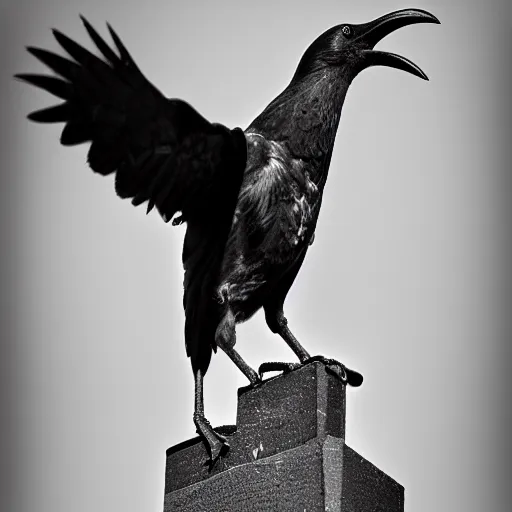 Prompt: a black and white highly detailed and realistic statue of a crow, museum lighting, award winning, masterpiece, nature photography, national geographic, construction site, black and white, high contrast, grainy