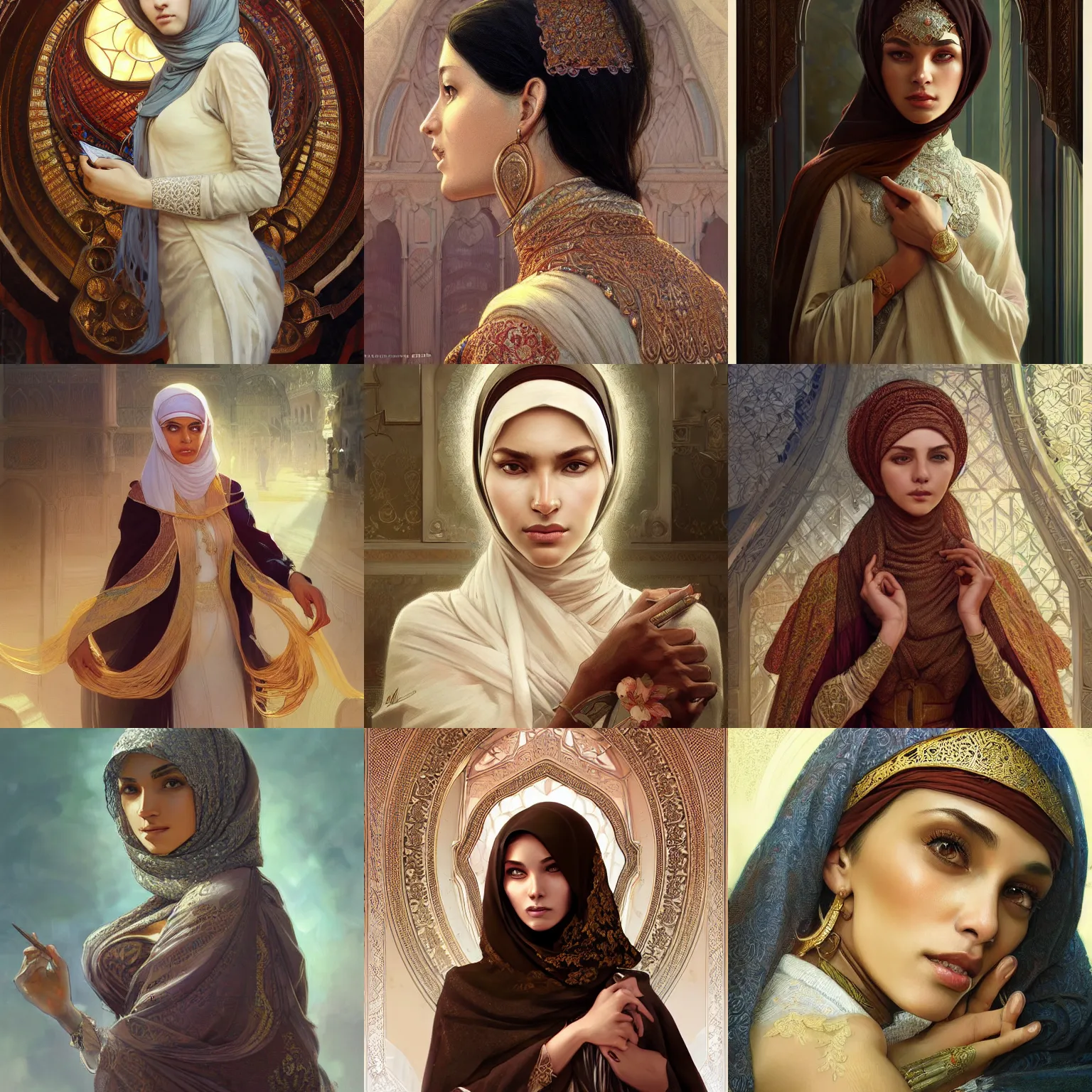 Prompt: intricate, elegant, highly detailed, digital painting of a muslim woman, artstation, concept art, smooth, sharp, focus, illustration, art by artgerm and greg rutkowski and alphonse mucha