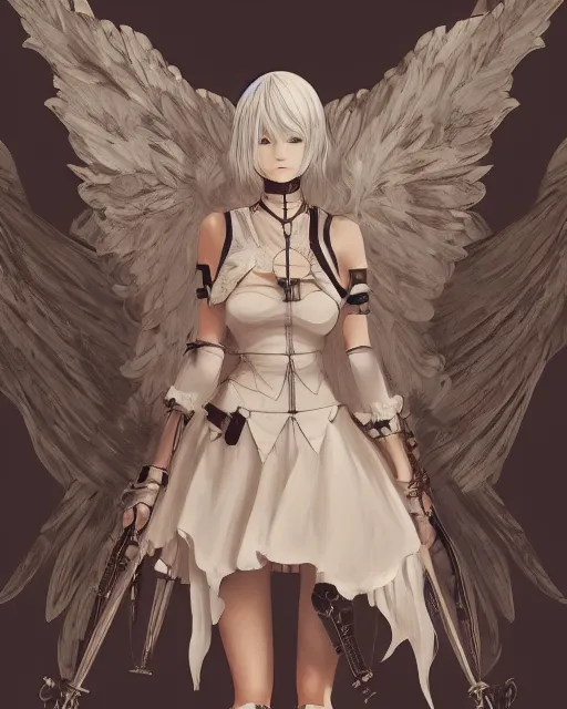 Prompt: infinitely detailed nierautomata painting, pixivartststion, ambient lighting, cute - fine - angel angel, fine art, infinitely detailed architectures. clothes