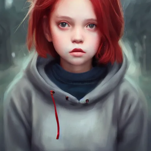 Image similar to a cute tiny girl with short red hair wearing a hoodie, digital art, very beautiful face, pretty face, very detailed eyes, full body illustration, 8 k resolution, soft painting, by greg rutkowski, wlop, rossdraws,