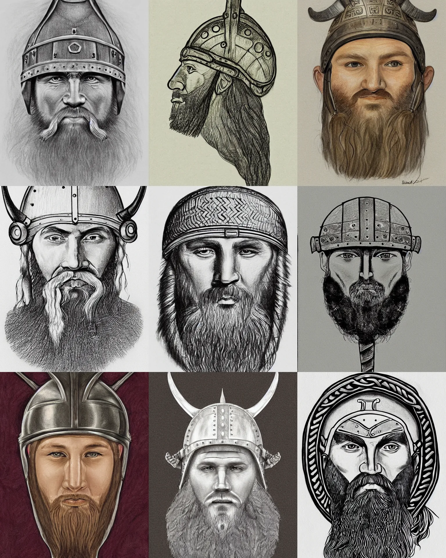 Prompt: drawing a head of a beared viking wearing nordic helmet, white wall background, front face symmetrical, by susan helen strok
