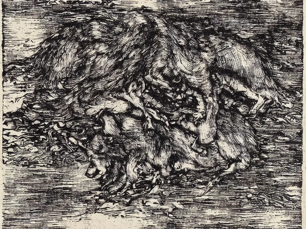 Prompt: wolf in heavy rainstorm. woodcut by albrecht durer, salvador dali