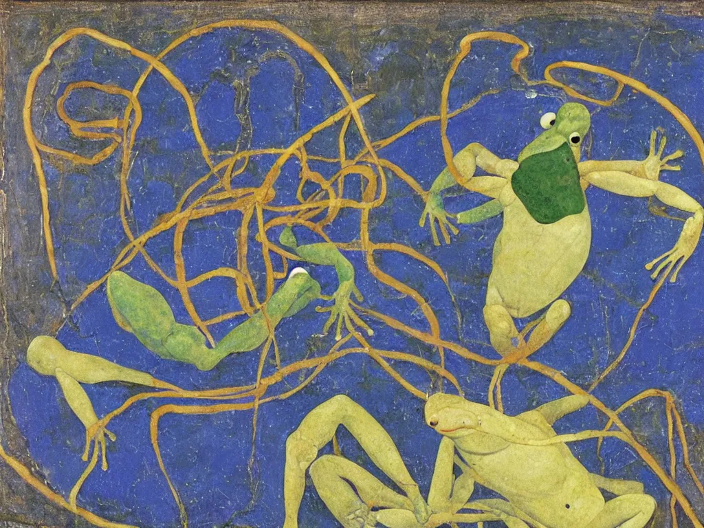 Prompt: portrait of a muscular frog. lapis lazuli, malachite, turqouise, gold. painting by piero della francesca, balthus, agnes pelton