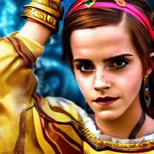 Prompt: Emma Watson modeling as Urbosa from Zelda, (EOS 5DS R, ISO100, f/8, 1/125, 84mm, postprocessed, crisp face, facial features)