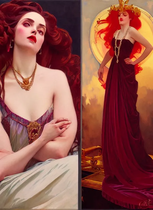 Image similar to leyendecker, ombre velvet gown, lovely queen, portrait, long red hair, small crown, dozens of jeweled necklaces, feral languid woman, by greg rutkowski, anato finnstark, alphonse mucha, global illumination, radiant light