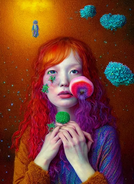 Prompt: hyper detailed 3d render like a Oil painting - kawaii standing portrait Aurora (auburn haired Singer Weaslwaif) seen Eating of the Strangling network of yellowcake aerochrome and milky Fruit and Her delicate Hands hold of gossamer polyp blossoms bring iridescent fungal flowers whose spores black the foolish stars by Jacek Yerka, Mariusz Lewandowski, Houdini algorithmic generative render, Abstract brush strokes, Masterpiece, Edward Hopper and James Gilleard, Zdzislaw Beksinski, Mark Ryden, Wolfgang Lettl, hints of Yayoi Kasuma, octane render, 8k