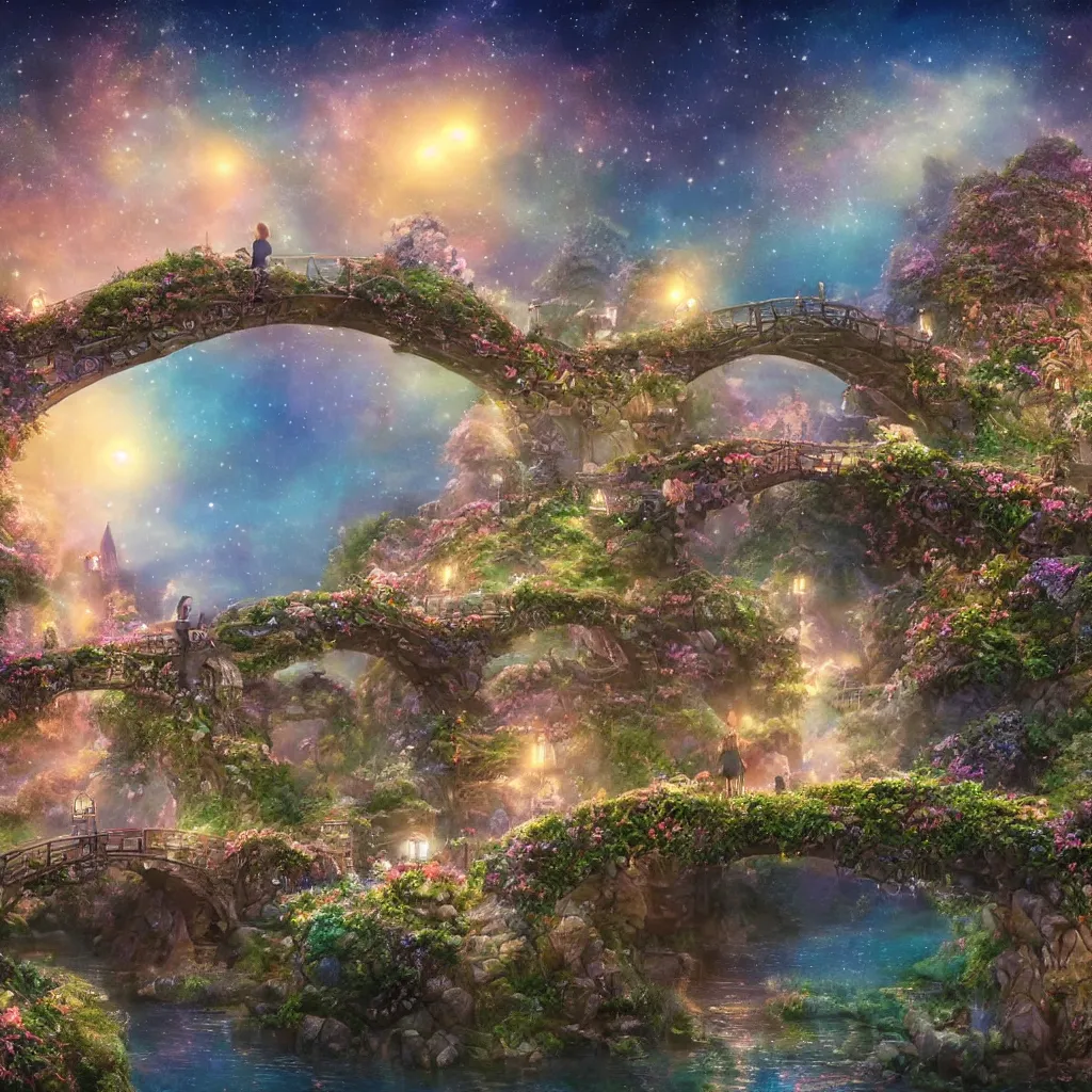 Image similar to fairyland bridge, outside of time and space, dreamy, romantic, night lighting, gorgeous lighting, dramatic cinematic lighting, intricate, highly detailed, in the style of studio ghibli, 8 k