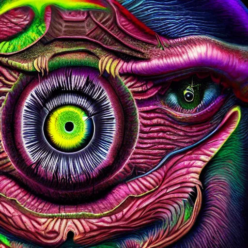 Prompt: dark fantasy, 4 k, textured 3 d, intense detail, dark psychedelic, one eye in center of hideous monster, amazing background, alex grey style