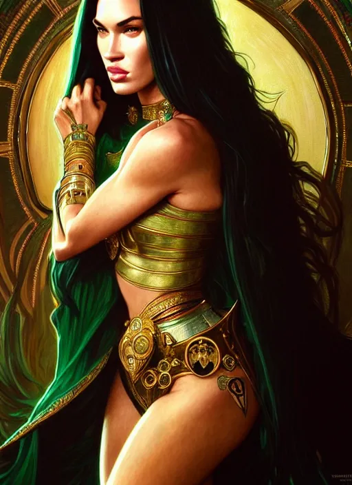 Image similar to portrait of megan fox as a queen, throne, jewelry, greek, emerald, intricate, headshot, highly detailed, digital painting, artstation, concept art, sharp focus, cinematic lighting, illustration, art by artgerm and greg rutkowski, alphonse mucha, cgsociety