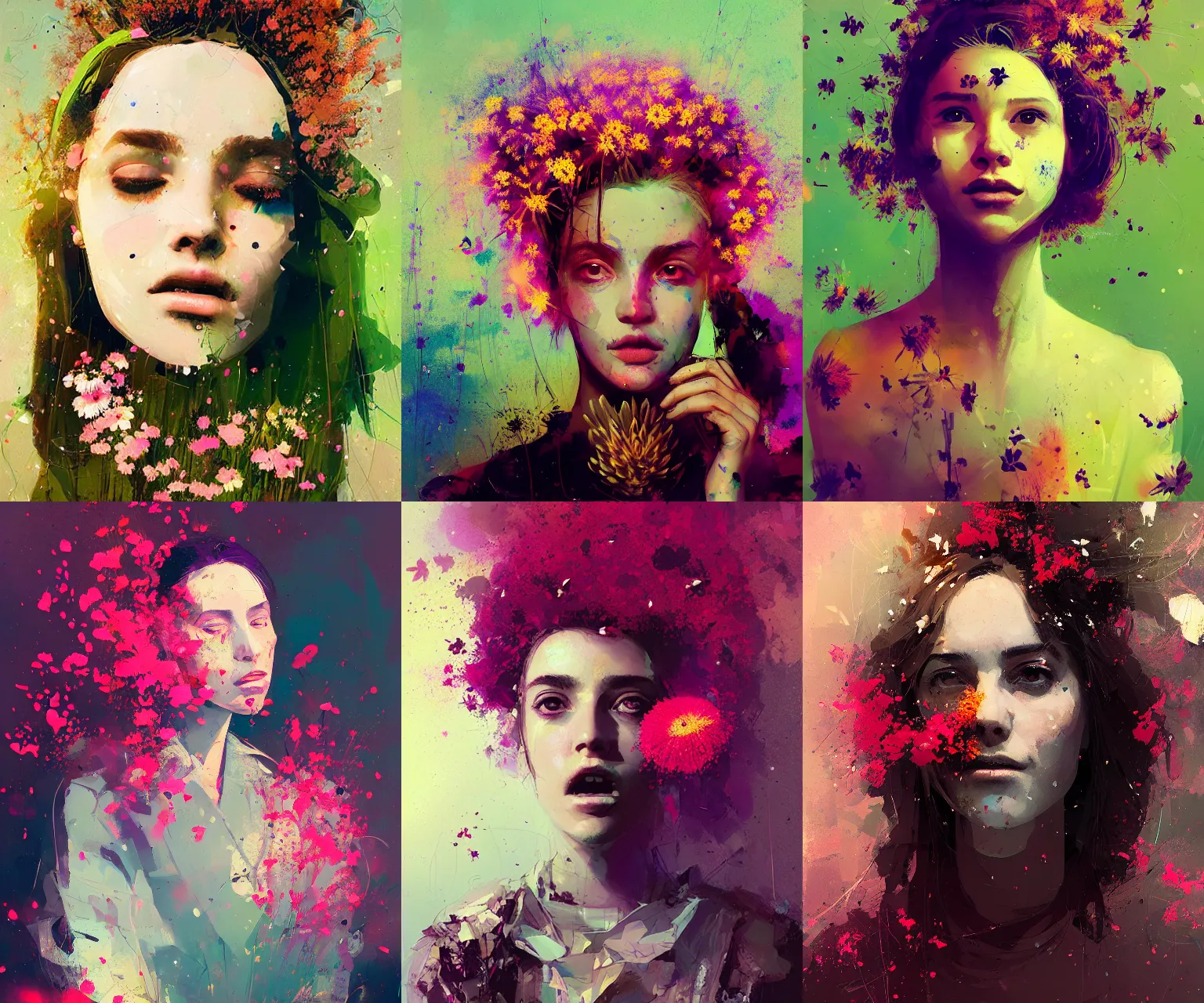 Prompt: beauty portrait exploding flowers, ismail inceoglu