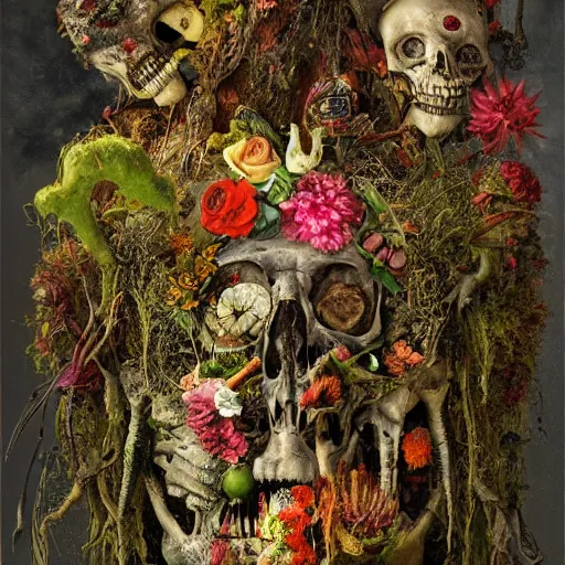 Prompt: 'Life from death' A horrifyingly detailed aesthetic horror mate painting depicting 'A mossy skeleton with plants and flowers growing all over it, birds and insects flying all around it' by giuseppe arcimboldo and Rembrandt, Trending on cgsociety artstation, 8k, masterpiece, cinematic lighting, highly detailed, vibrant colors.