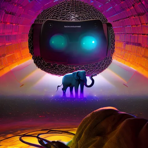 Image similar to a hyperrealistic 3D octane render of an elephant wearing virtual reality goggles, and playing a synthesizer keyboard, inside of a geodesic dome planetarium with planets and galaxies, trending on artstation, 8k, 4K, dramatic lighting, glowing, volumetric lighting, ray tracing, unreal engine