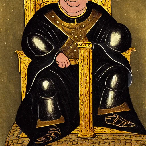 Prompt: Peter Griffin wearing black medieval armor and sitting on a golden throne, oil on canvas, 1880,