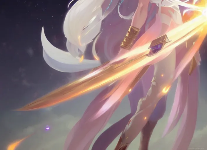 Prompt: a female space mage with long white hair, star guardian inspired, perfect art, trending on pixiv, painted by greg rutkowski makoto shinkai takashi takeuchi, akihiko yoshida