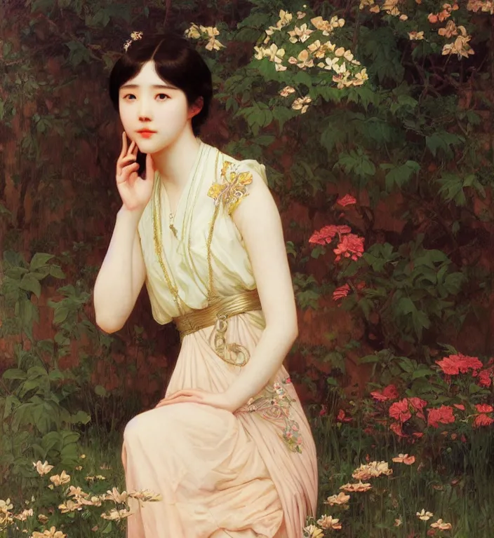 Prompt: IU, Korean Idol, Korean Artist, very detailed, digital art, concept art, studio quality, ethereal, art style by Edmund Bliar Leighton and J. C. Leyendecker and Alphonse Mucha