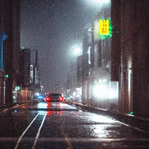 Prompt: a city street at night, raining, photograph, cars on the road, monster attack