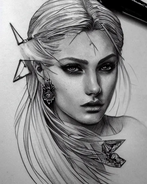 Image similar to tattoo sketch of beautiful greek goddess aphrodite with arrowhead earrings, beautiful piercing eyes, flowing blonde hair, realistic face, hyper realistic, in the style of greg rutkowski, fantasy, amazing detail, epic, intricate, elegant, smooth, sharp focus