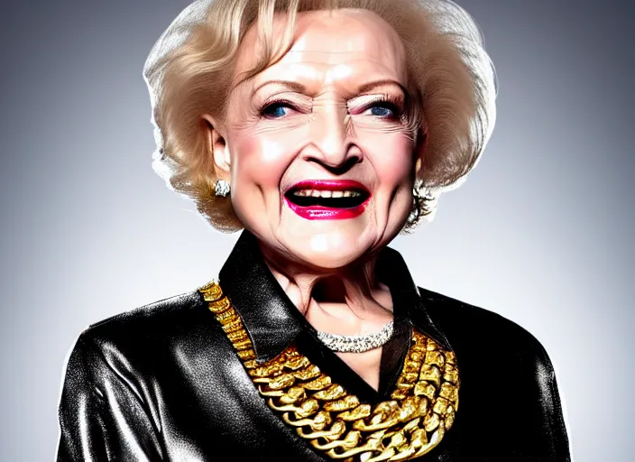 Prompt: publicity photo still of betty white as a gangsta rapper covered in gold chains, with grills in teeth and wearing a jumpsuit live on stage, 8 k, live concert lighting, mid shot