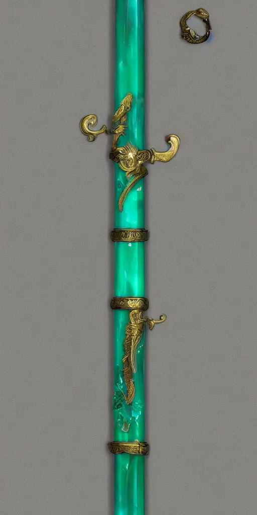 Image similar to photograph of a large green and teal crystal sword with a gold sword hilt