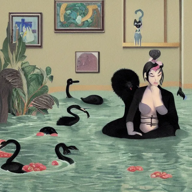 Image similar to emo catgirl artist in her flooded apartment, painting of flood waters inside an artist's home, a river flooding indoors, pomegranates, pigs, ikebana, zen, water, octopus, river, rapids, waterfall, black swans, canoe, berries, acrylic on canvas, surrealist, by magritte and monet