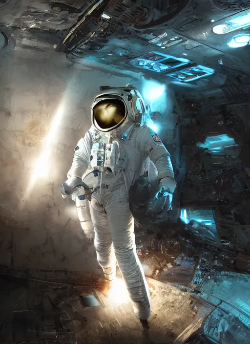 Image similar to complex poster by craig mullins astronaut in futuristic dark and empty spaceship underwater. infrared glowing lights. complex and hyperdetailed technical suit. reflection and dispersion materials. rays and dispersion of light. volumetric light. 5 0 mm, f / 3 2. noise film photo flare. flash photography. unreal engine 4, octane render