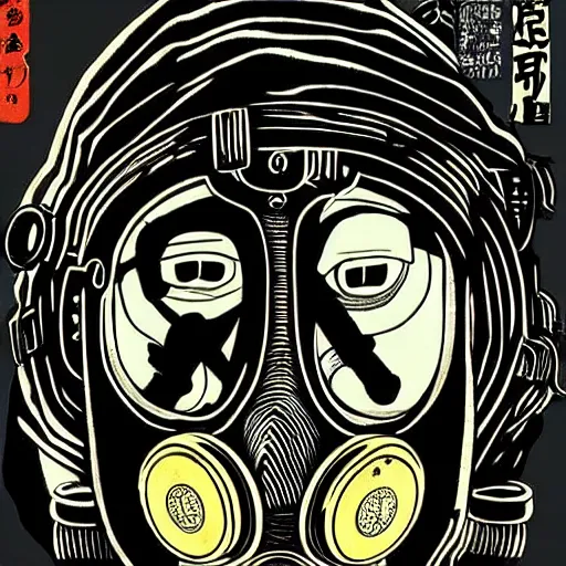 Prompt: Gas mask in Ukiyo-e style, haunting + insanely detailed and intricate, movie poster style