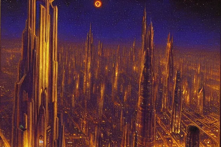 Image similar to a scifi illustration, Night City on Coruscant by edward robert hughes